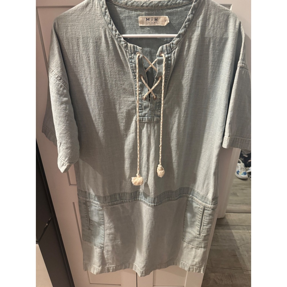 MiH‎ Jeans Womens Denim Lace Up Shift Dress Light Wash Blue Short Sleeve Size M
